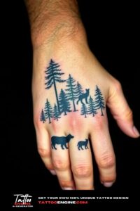 Forest animals hand tattoo, on hand of a man, top view, studio light, high quality, detailed