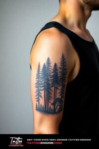 Forest arm tattoo, on arm of a man, side view, wearing black tank top, studio light, high quality, detailed