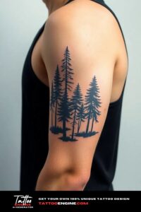 Forest arm tattoo, on arm of a man, side view, wearing black tank top, studio light, high quality, detailed