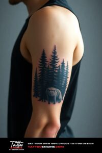 Forest arm tattoo, on arm of a man, side view, wearing black tank top, studio light, high quality, detailed