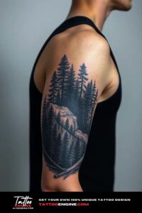 Forest arm tattoo, on arm of a man, side view, wearing black tank top, studio light, high quality, detailed