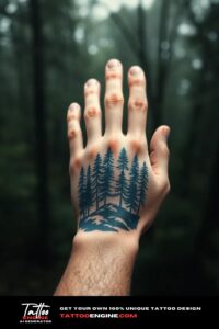 Forest hand tattoo, on hand of a man, top view, studio light, high quality, detailed