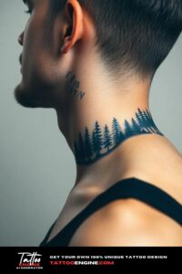 Forest neck tattoo, on neck of a man, side view, wearing black shirt, studio light, high quality, detailed