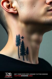 Forest neck tattoo, on neck of a man, side view, wearing black shirt, studio light, high quality, detailed