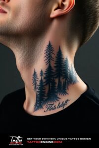 Forest neck tattoo, on neck of a man, side view, wearing black shirt, studio light, high quality, detailed