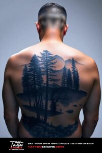 Forest tattoo for men, on back of a man, back view, studio light, high quality, detailed