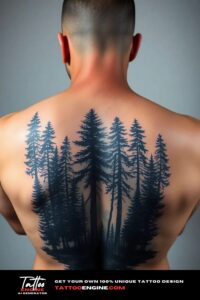 Forest tattoo for men, on back of a man, back view, studio light, high quality, detailed