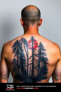 Forest tattoo for men, on back of a man, back view, studio light, high quality, detailed