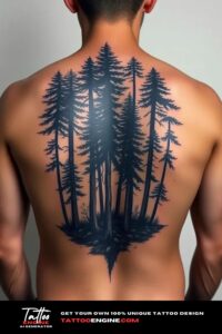 Forest tattoo for men, on back of a man, back view, studio light, high quality, detailed