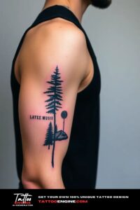 Nature arm tattoo, on arm of a man, side view, wearing black tank top, studio light, high quality, detailed