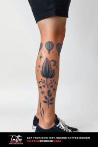 Nature elements leg tattoo, on leg of a man, side view, wearing black short, black sneakers, studio light, high quality, detailed