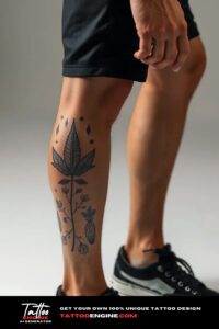 Nature elements leg tattoo, on leg of a man, side view, wearing black short, black sneakers, studio light, high quality, detailed