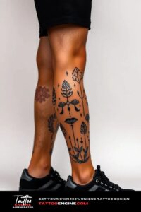 Nature elements leg tattoo, on leg of a man, side view, wearing black short, black sneakers, studio light, high quality, detailed