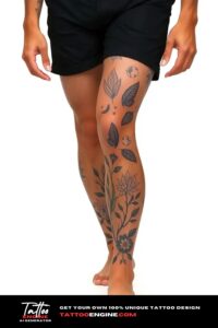 Nature elements leg tattoo, on leg of a man, side view, wearing black short, black sneakers, studio light, high quality, detailed