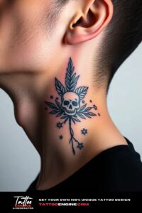 Nature elements neck tattoo, on neck of a man, side view, wearing black shirt, studio light, high quality, detailed