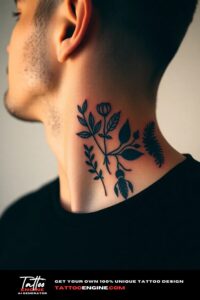 Nature elements neck tattoo, on neck of a man, side view, wearing black shirt, studio light, high quality, detailed