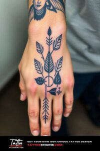 Nature elements tattoo, on hand of a man, top view, studio light, high quality, detailed