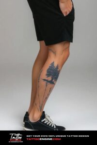 Nature leg tattoo, on leg of a man, side view, wearing black short, black sneakers, studio light, high quality, detailed