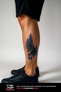 Nature leg tattoo, on leg of a man, side view, wearing black short, black sneakers, studio light, high quality, detailed