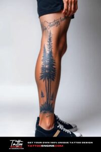 Nature leg tattoo, on leg of a man, side view, wearing black short, black sneakers, studio light, high quality, detailed