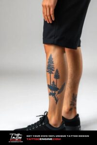 Nature leg tattoo, on leg of a man, side view, wearing black short, black sneakers, studio light, high quality, detailed