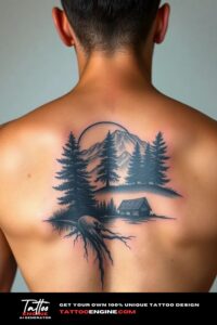 Nature tattoo for men, on back of a man, back view, studio light, high quality, detailed