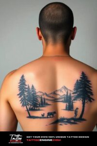 Nature tattoo for men, on back of a man, back view, studio light, high quality, detailed