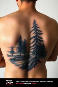 Nature tattoo for men, on back of a man, back view, studio light, high quality, detailed