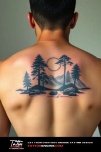 Nature tattoo for men, on back of a man, back view, studio light, high quality, detailed