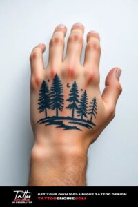 Nature tattoo on hand of a man, top view, studio light, high quality, detailed