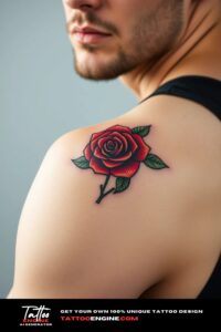 Red rose shoulder tattoo, on shoulder of a man, wearing tank top, studio light, high quality, detailed
