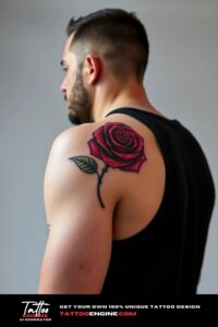 Red rose shoulder tattoo, on shoulder of a man, wearing tank top, studio light, high quality, detailed