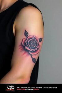 Rose arm tattoo, on arm of a man, wearing black tank top, side view, studio light, high quality, detailed