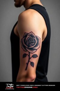 Rose arm tattoo, on arm of a man, wearing black tank top, side view, studio light, high quality, detailed