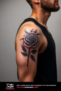 Rose arm tattoo, on arm of a man, wearing black tank top, side view, studio light, high quality, detailed