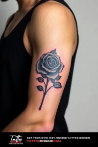 Rose arm tattoo, on arm of a man, wearing black tank top, side view, studio light, high quality, detailed