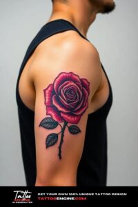 Rose arm tattoo, on arm of a man, wearing black tank top, side view, studio light, high quality, detailed