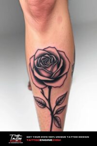 Rose leg tattoo, on leg of a man, front view, studio light, high quality, detailed