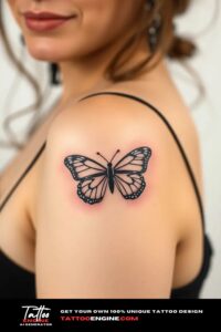 Small black butterfly icon tattoo, on arm of a woman, front view, studio light, high quality, detailed