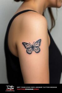 Small black butterfly icon tattoo, on arm of a woman, side view, studio light, high quality, detailed