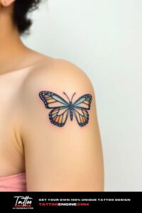 Small butterfly tattoo, on arm of a woman, side view, studio light, high quality, detailed, small