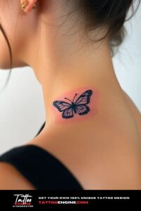 Small butterfly tattoo, on neck of a woman, side view, studio light, high quality, detailed, small