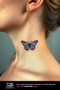 Small butterfly tattoo, on neck of a woman, side view, studio light, high quality, detailed, small