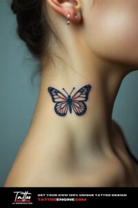 Small butterfly tattoo, on neck of a woman, side view, studio light, high quality, detailed, small