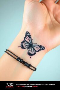 Small butterfly tattoo, on wrist of a woman, front view, studio light, high quality, detailed