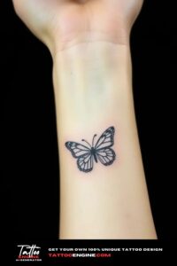 Small butterfly tattoo, on wrist of a woman, front view, studio light, high quality, detailed