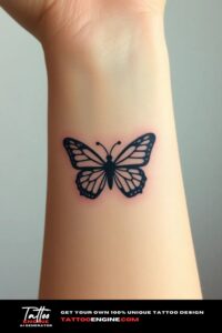 Small butterfly tattoo, on wrist of a woman, front view, studio light, high quality, detailed