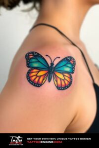 Small colorful butterfly tattoo, on shoulder of a woman, front view, studio light, high quality, detailed