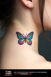 Small colorful butterfly tattoo, on shoulder of a woman, front view, studio light, high quality, detailed