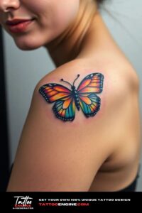 Small colorful butterfly tattoo, on shoulder of a woman, front view, studio light, high quality, detailed